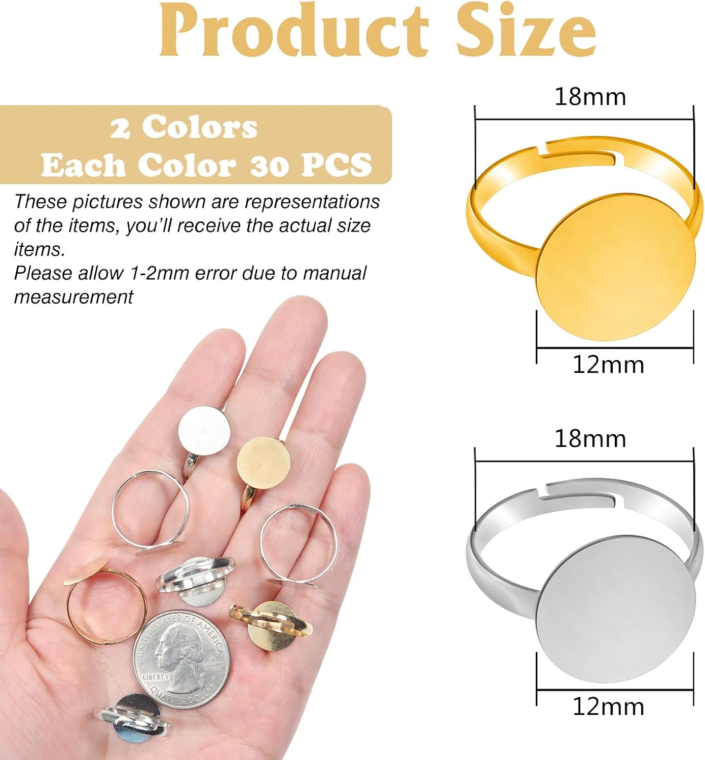 TOAOB 1000pcs Blank Rings Gold Silver Adjustable Flat Pad Rings Base 2 Styles with 12mm Blank Base Tray Jewelry Findings image 2