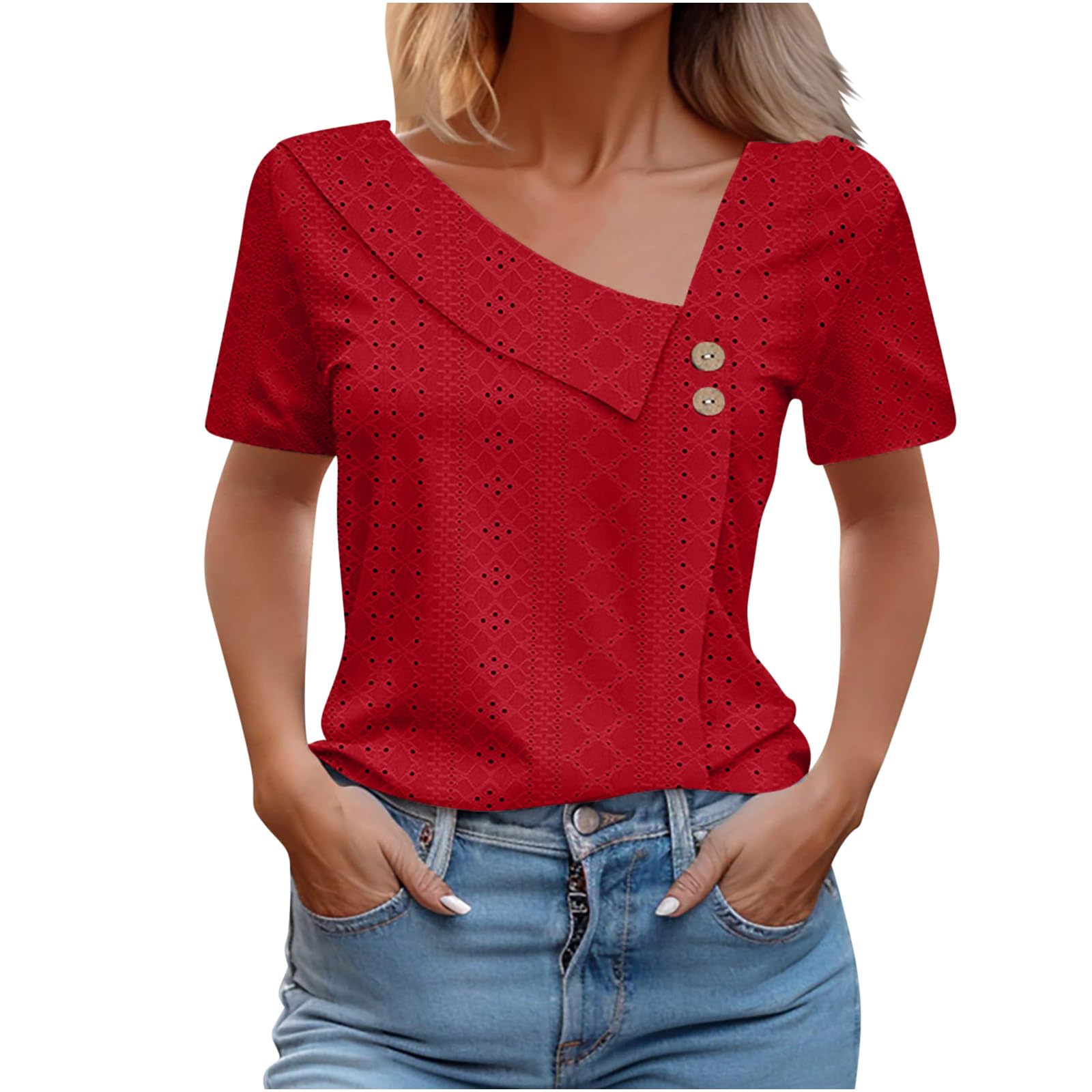 DGZTWLL Blusas cortas para mujer, de verano, de manga corta, cuello en V, con botones, para salir