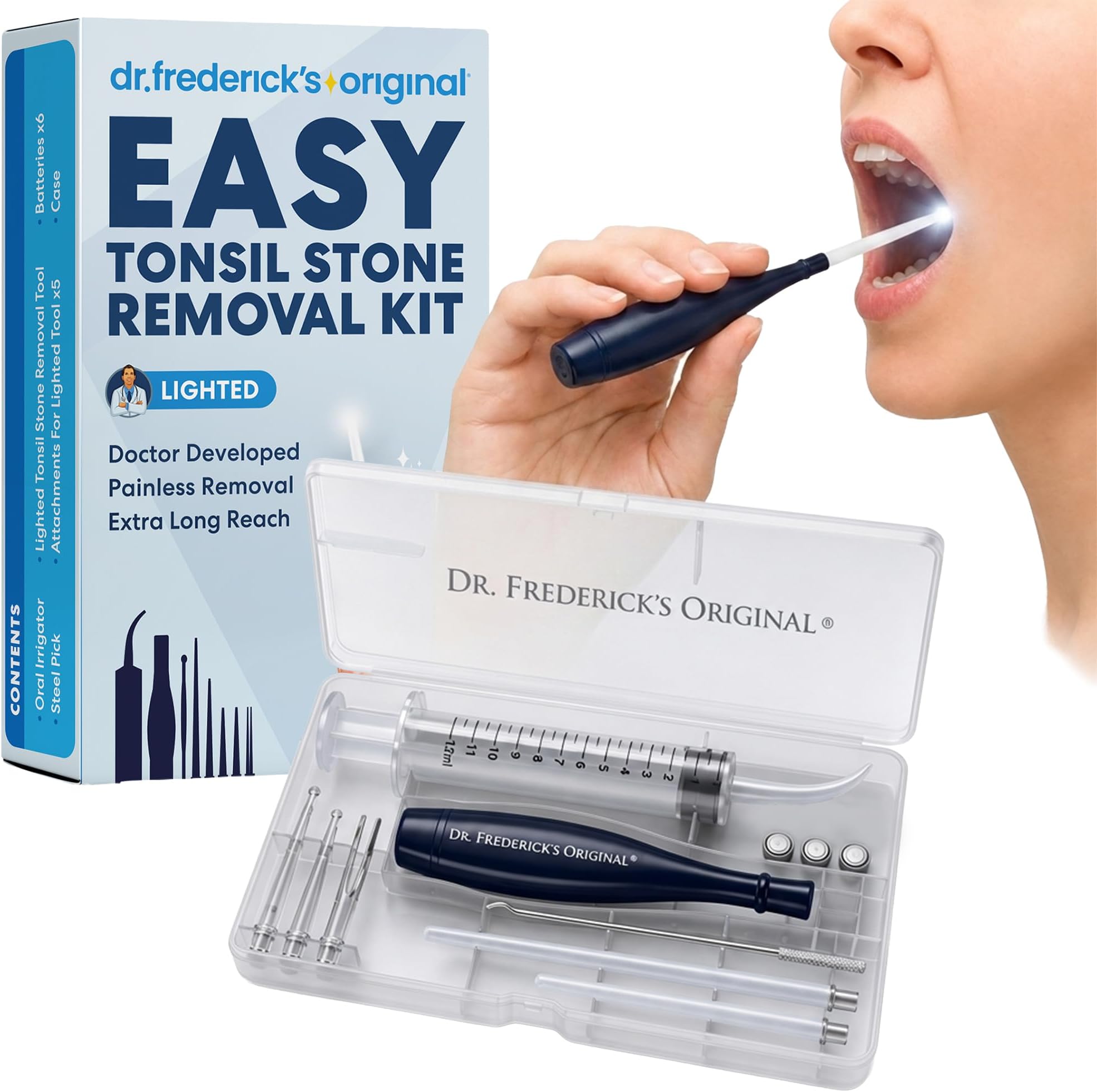 Dr. Frederick's Original Easy Tonsil Stone Remover Kit - Fast Painless Tonsillolith Removal Tool - Fight Bad Breath - Pick and Oral Irrigator - 8 Pieces