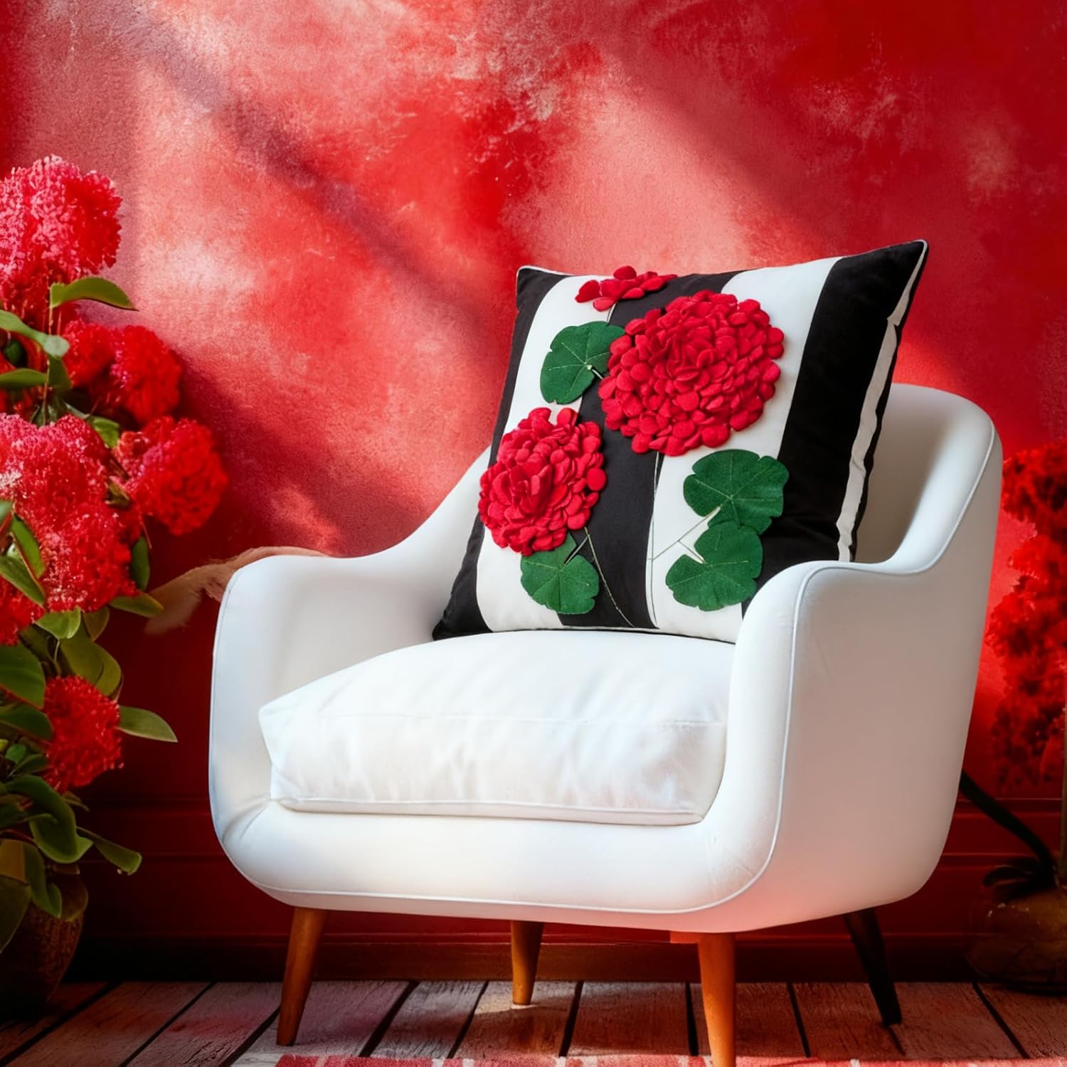 Boao 2 Pcs 3D Red Geranium Throw Pillow Covers 18 x 18 Inch Decorative Flower Bloom Spring Summer Cushion Pillow Case Decor Black and White Stripe for Home Bed Sofa Housewarming Gift