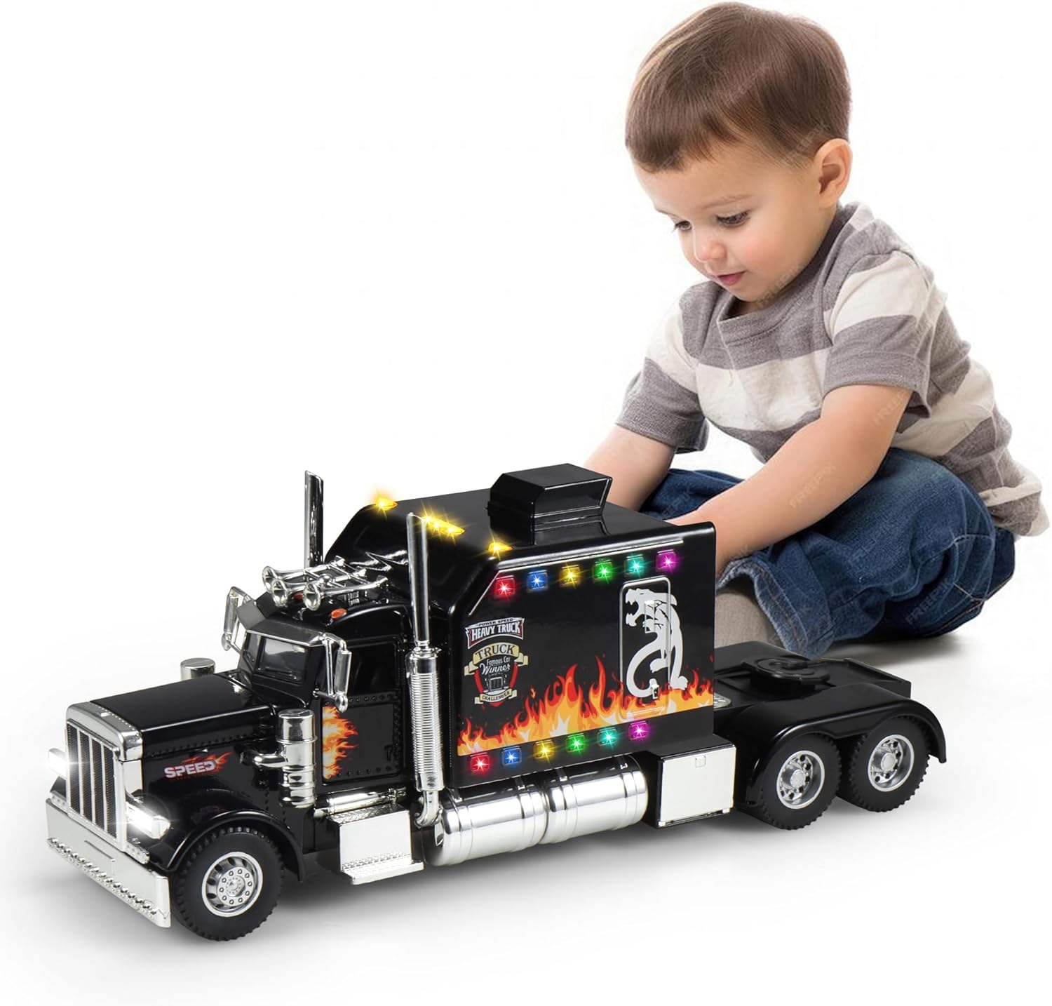 Semi Truck Toy with Light and Sound Pull Back, Heavy Tow Truck 1:24 Metal Diecast Model Car Gifts for Boys, Girls, Kids, Vehicles Lovers Collecttion, Black
