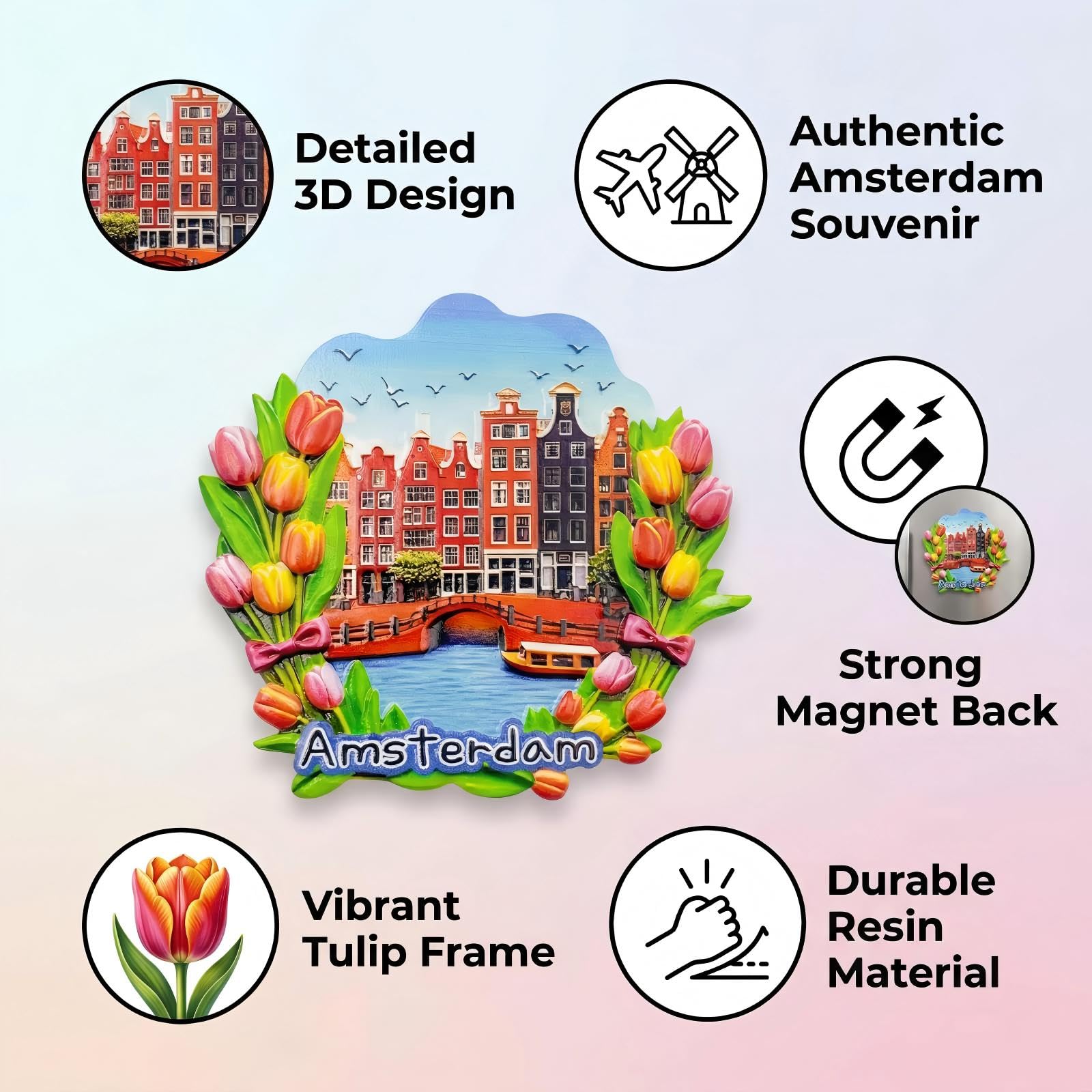 Amsterdam - Imán de resina 3D para nevera, diseño de casas de canal con marco de tulipán vibrante, recuerdo de viaje de los Países Bajos, bonita decoración de cocina única, 3.15 x 2.95