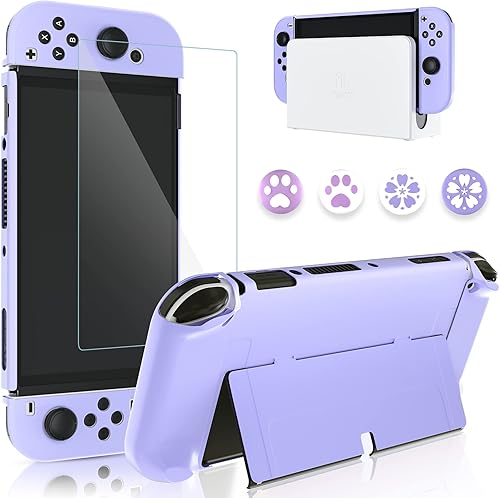 GLDRAM Case for Nintendo Switch OLED Model 2021 with Screen Protector and 4 PCS Thumb Caps, Protective Hard Cover for Switch OLED Console & JoyCon -