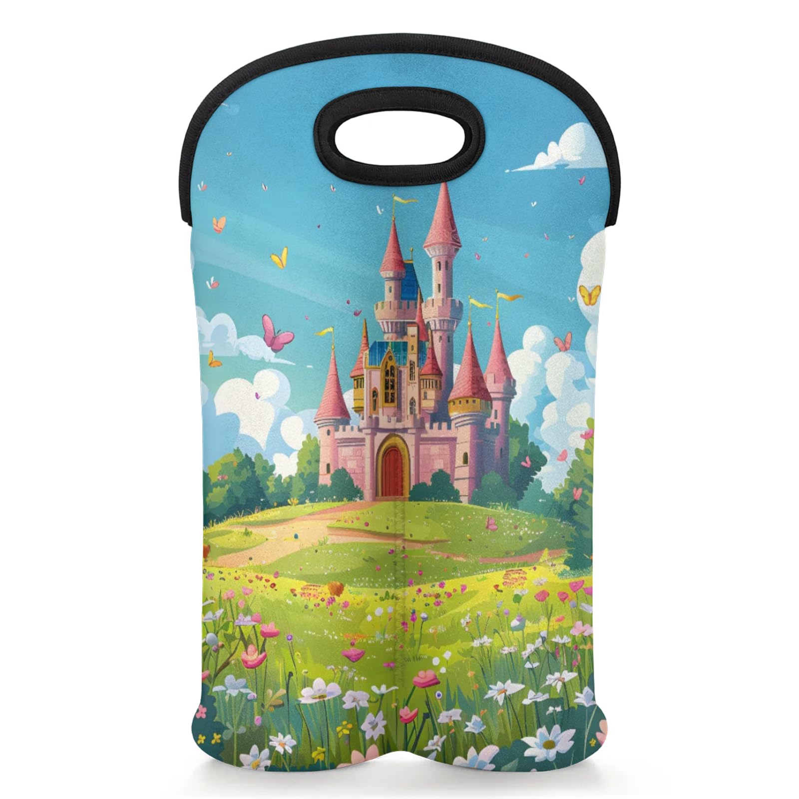 GzLeyigou 2 Bottles Garden Castle Wine Bag Sleeve Totes Neoprene Protective Wine Carrier Bag for Wine,Water, Champagne, Beer, Baby Bottles,Gift 14.5 x 10 Inches