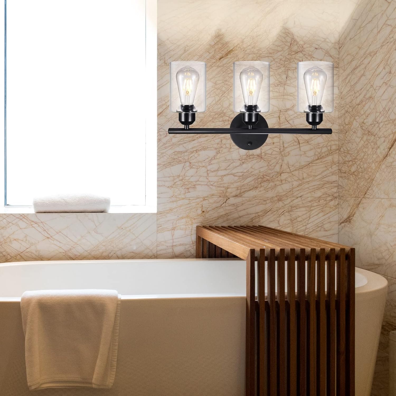 OmiSun Bathroom Vanity Light Fixtures, 3-Light Black Bathroom Light Fixtures Modern Bathroom Wall Lamp with Clear Glass Shade, Bathroom Wall Lights for Mirror, Living Room, Bedroom, Hallway, Porch - - 