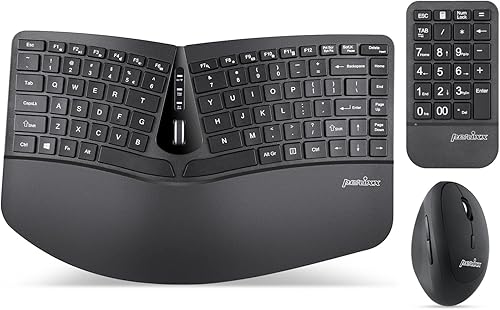Perixx PERIDUO-606A, teclado ergonómico compacto inalámbrico 3 en 1 con mouse vertical y teclado numérico, reposamanos ajustable, rueda inclinable,