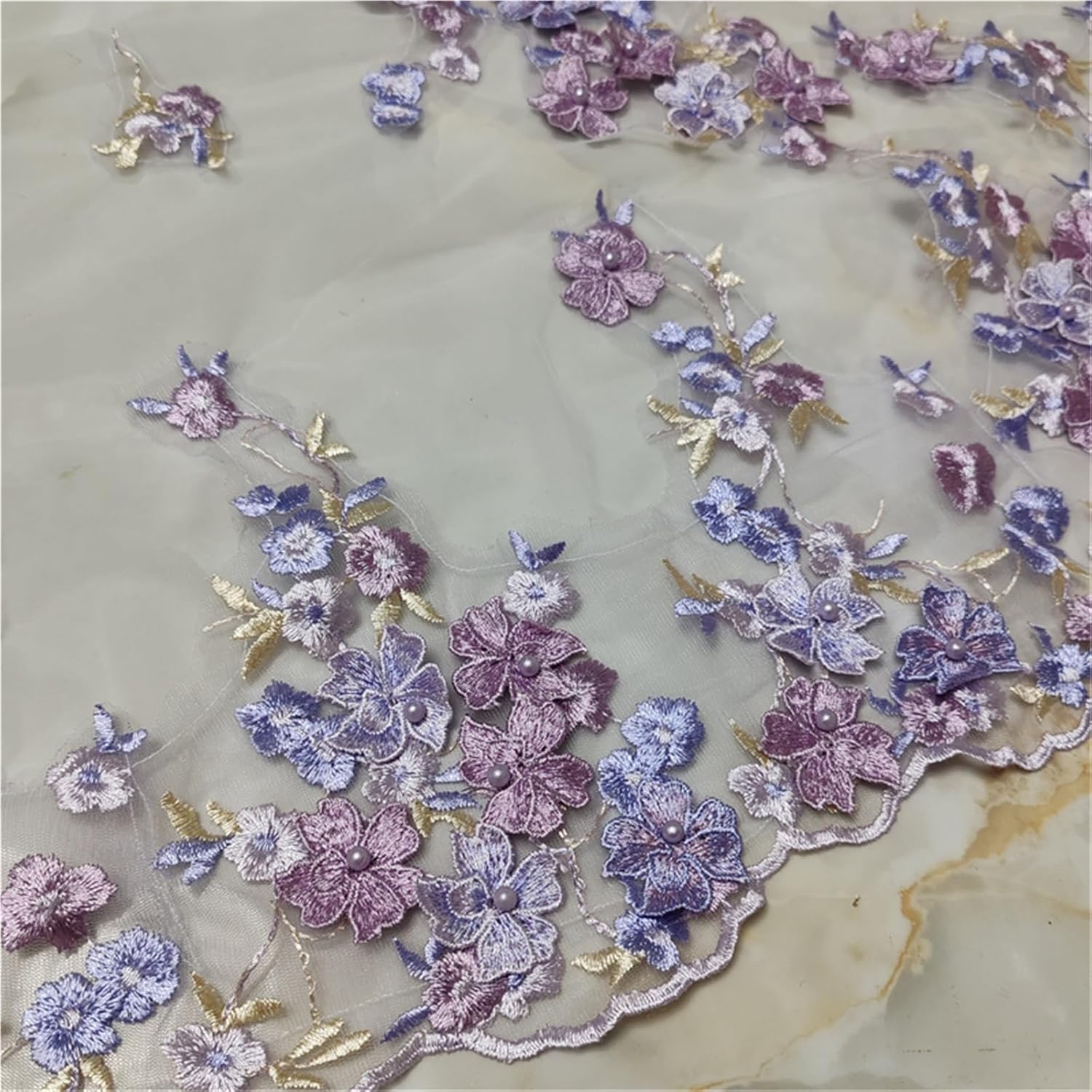Unique Lilac Purple 3D Floral Bridal Veil with Pearls - Long Cathedral Wedding Veil with Comb Girls