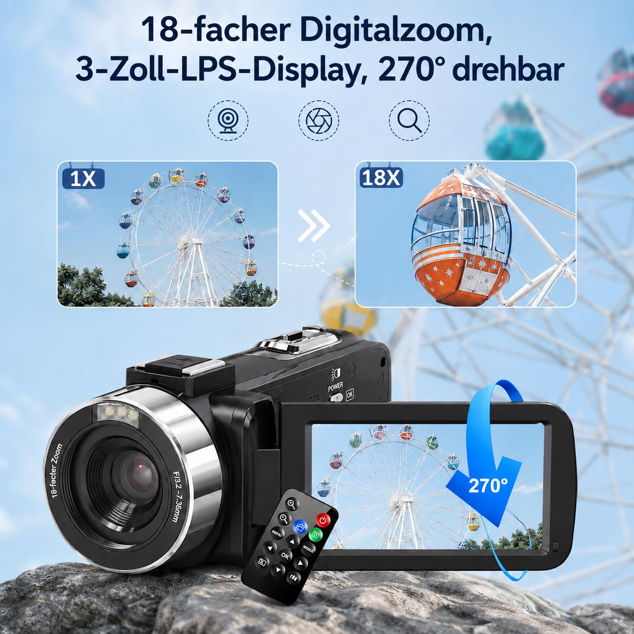 Caméscope 4K - Caméra vidéo 30 fps 80 MP 18 x zoom numérique IR vision nocturne caméra vlogging écran IPS 3,0" YouTube avec carte SD 32 Go, télécommande et 2 piles