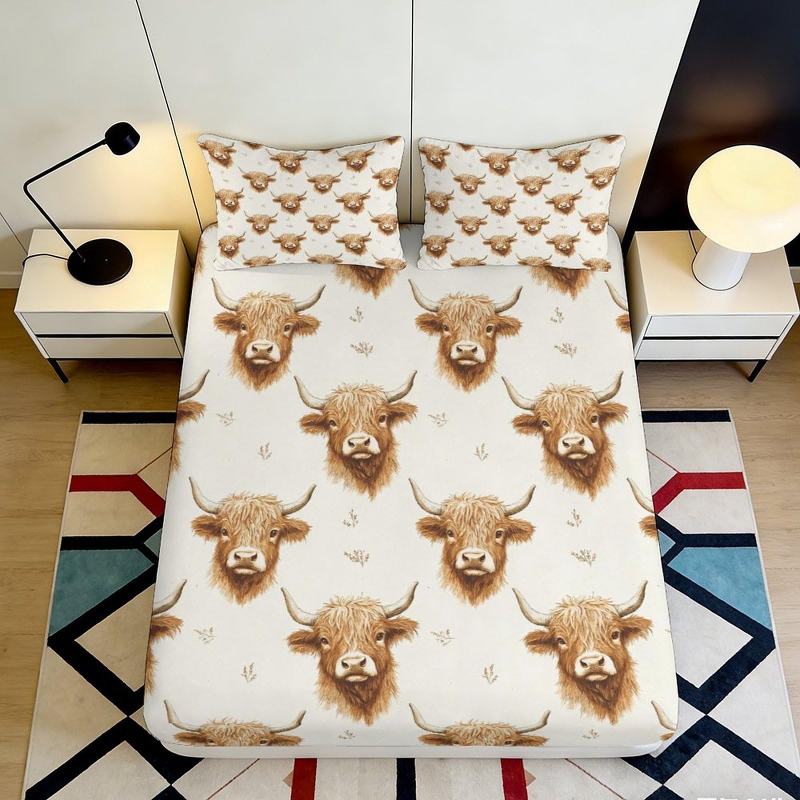 3D Printed Highland Cattle Fitted Sheet Microfiber Soft Breathable Brown Cow Mattress Cover for Bedroom Decor 120x200x25cm