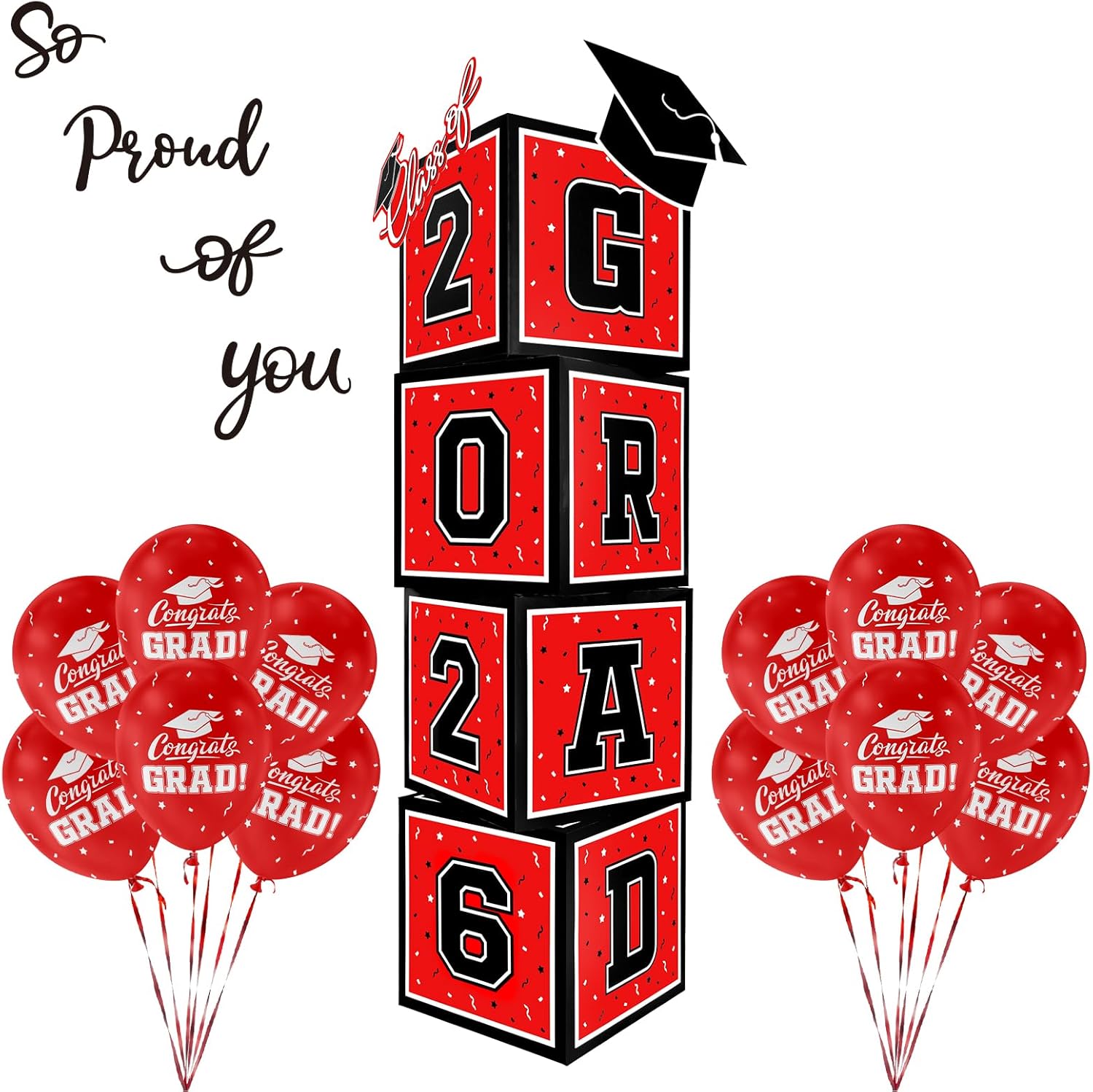 2026 Graduation Decorations Set - So Proud of You - Class of 2026 Balloon Boxes for Memorable Grad Party Supplies, Indoor/Outdoor Congrats Grad Home Door Décor Essentials（red and black）