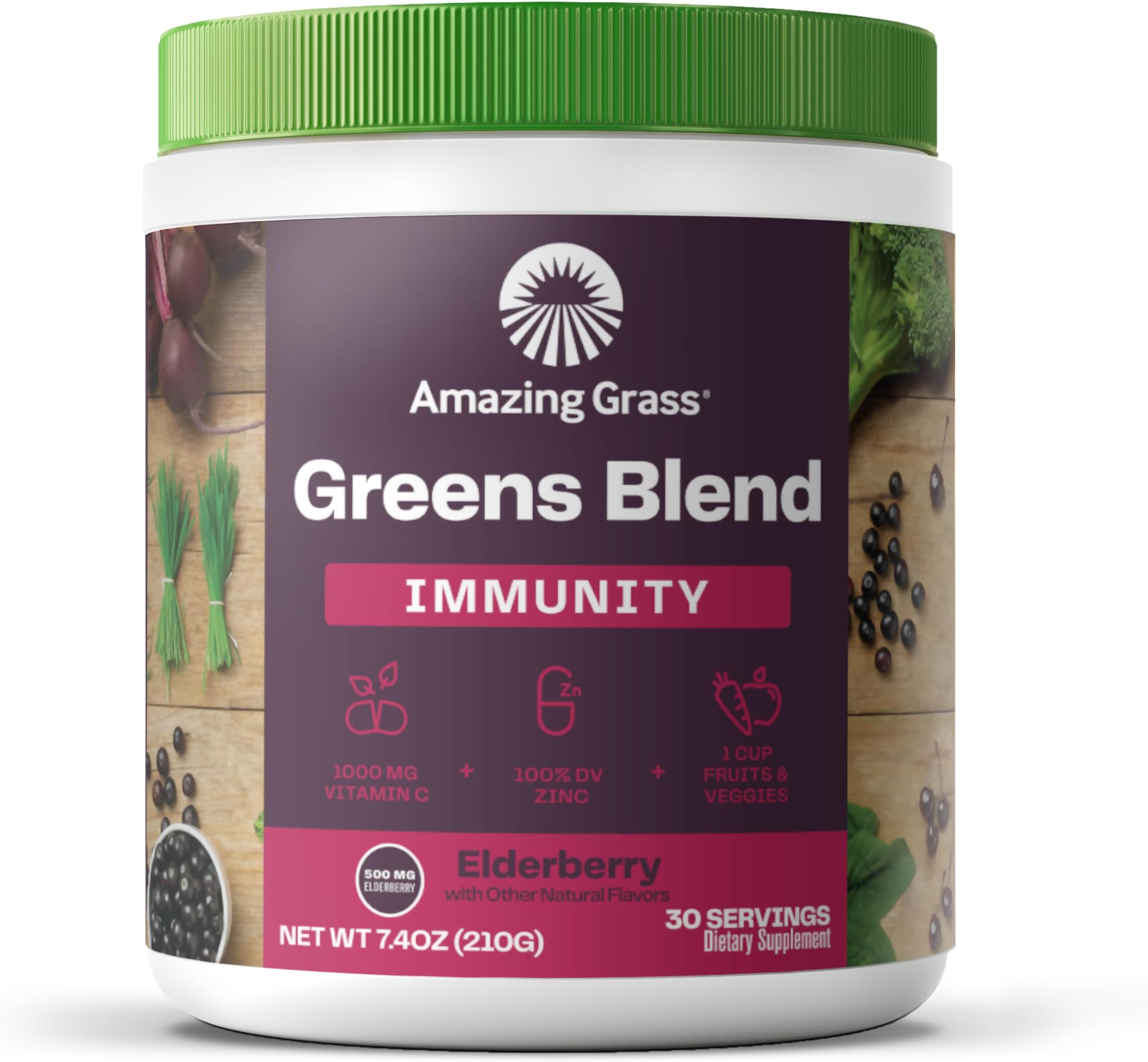Greens Blend Immunity Elderberry: Super Greens Powder with 1,000mg Vitamin C, Elderberry, Zinc, Prebioitics & Probiotics, 30 Servings