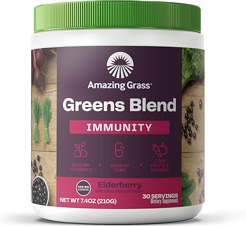 Vista 21 de Amazing Grass Green Superfood Immunity: Polvo Super Greens con vitamina C, Cordyceps, polvo de raíz de remolacha y hongos Reishi, mandarina, 30