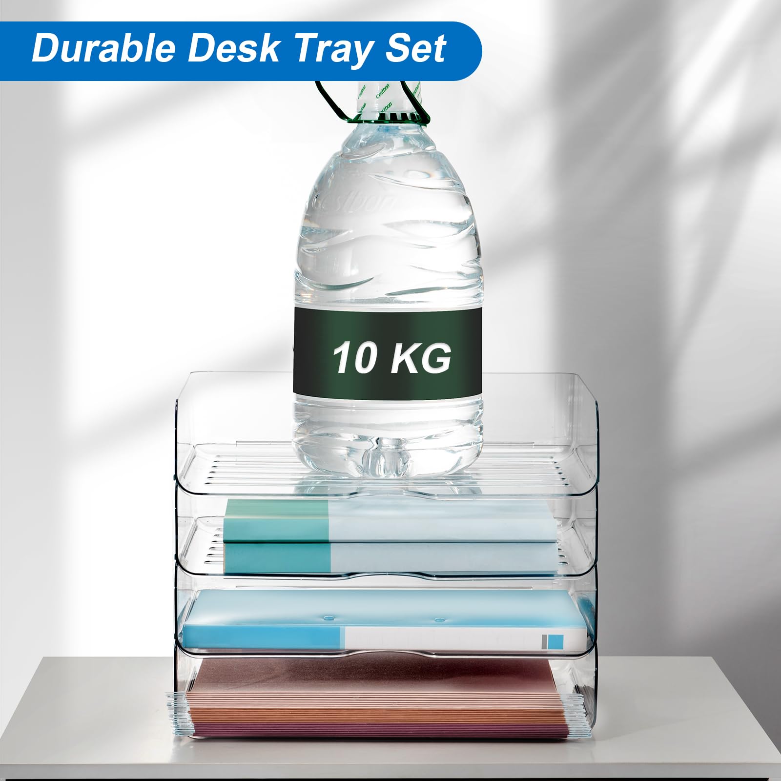 Clear Stackable Paper - Set di 4 vassoi per desktop con 4 sacchetti per file, PET Clear Desk Letter Set Stackable Desk Organizer for Books, Magazine, Folders, A4 Size File Paper, Notes, Pens - Clear