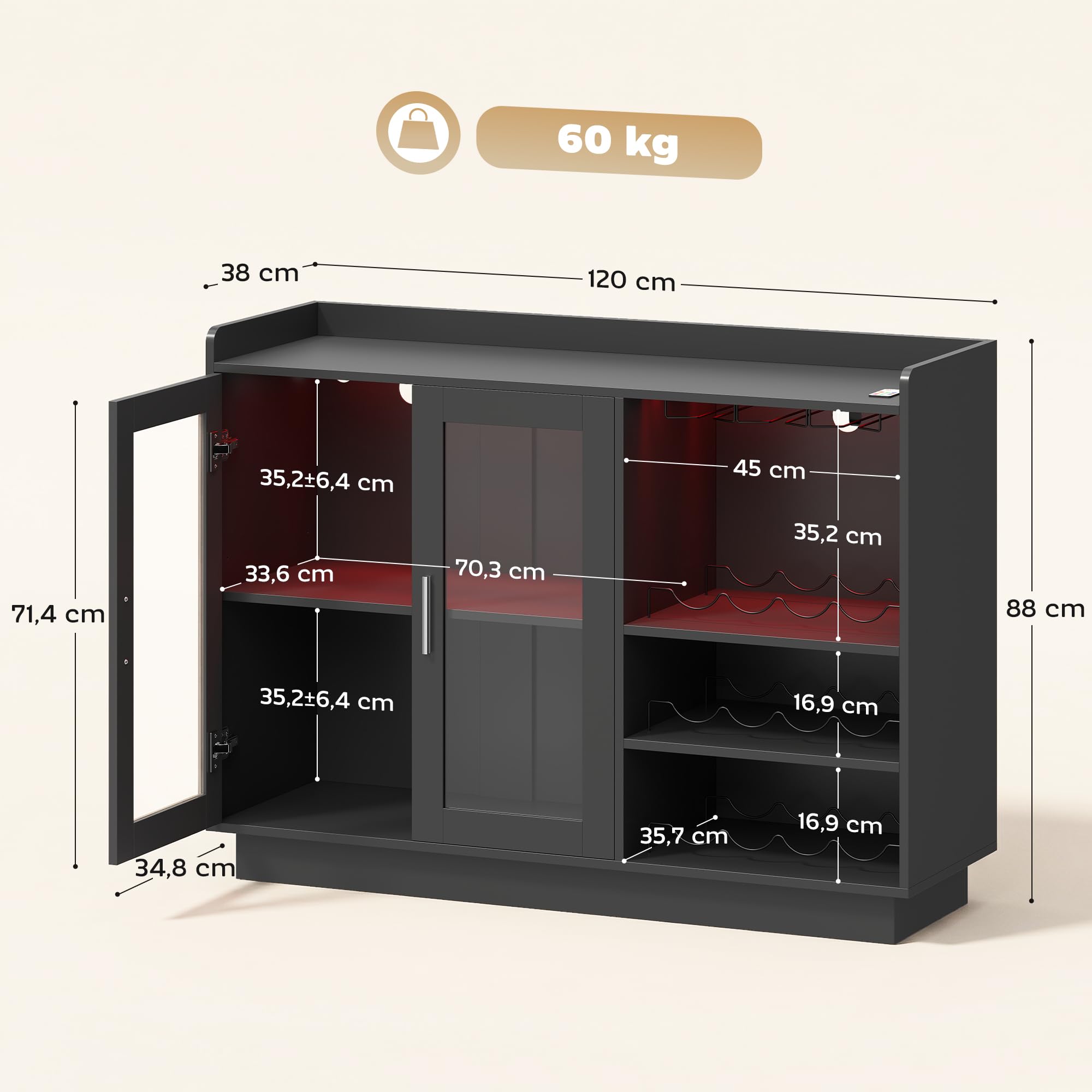HOMCOM Mueble de Bar, Armario Buffet para Vinos con Luces LED RGB y Botellero para 12 Botellas, Aparador de Cocina con Estante Ajustable y Puertas de Cierre Suave, para Comedor, Salón, Negro