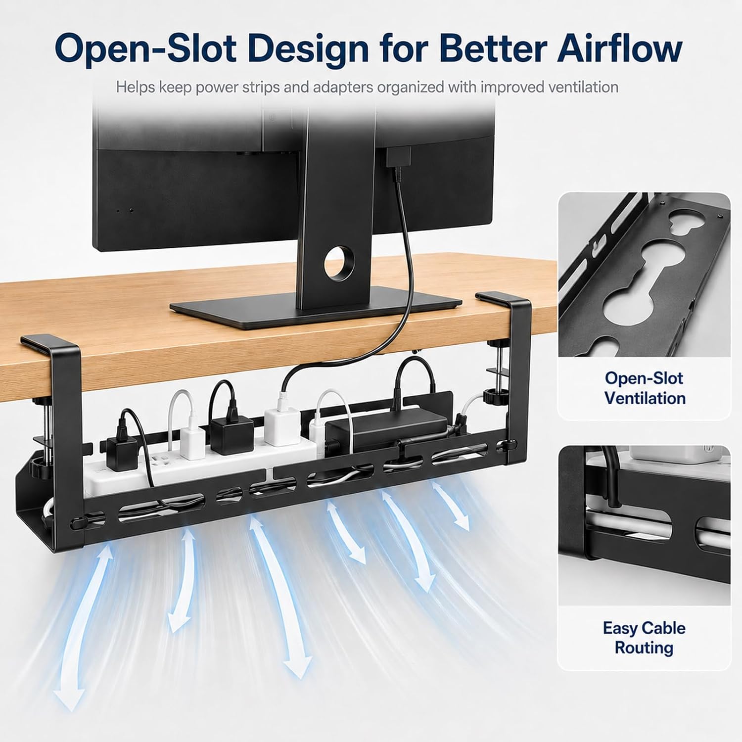 Under Desk Cable Management Tray, 15.75" No Drill Clamp-On Metal Cable Tray for Power Strip, Compact Under Desk Cord Organizer and Wire Management Holder for Office, Gaming Desk, Standing Desk
