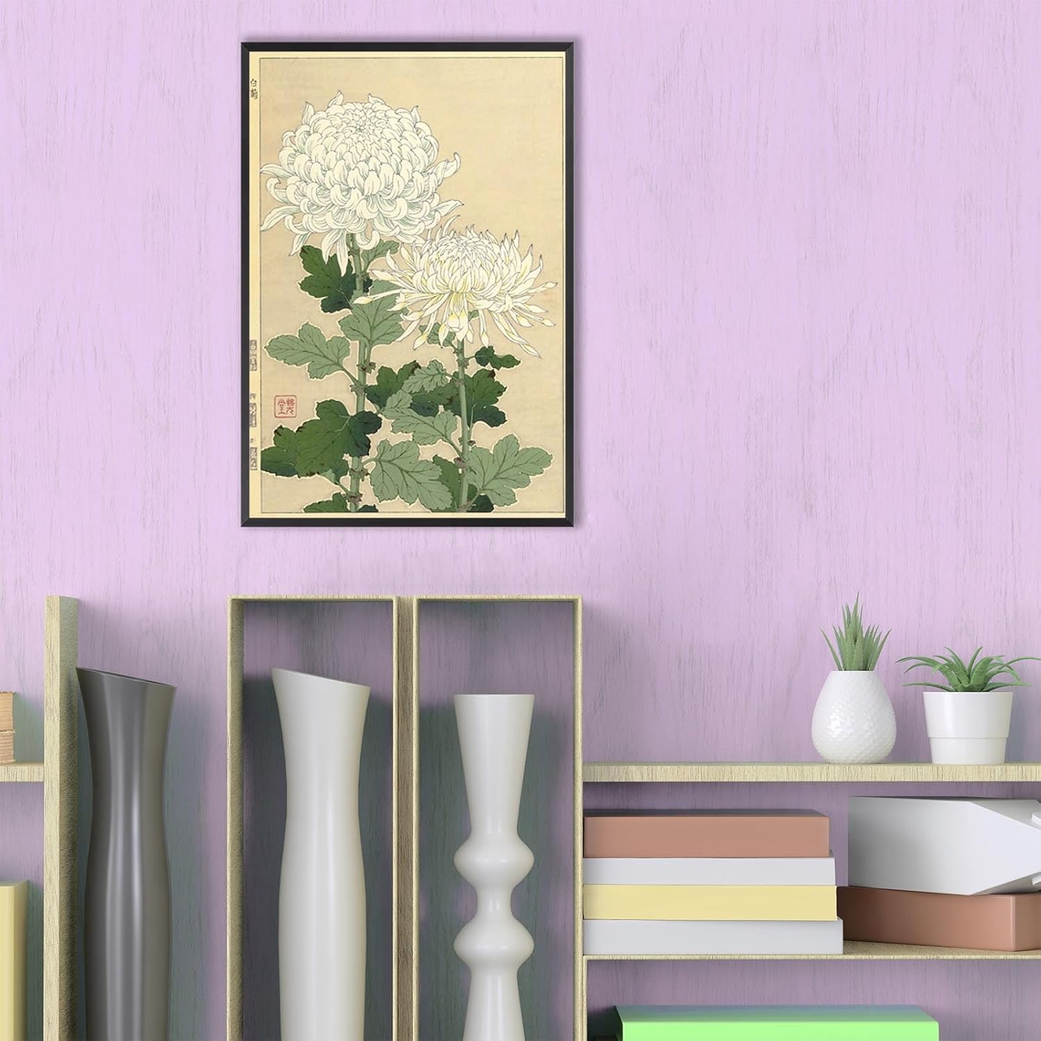 Framed Vintage Japanese Flower Canvas Posters Japan White Chrysanthemums Wall Art Asia Kawarazaki Shodo Ukiyo-E Prints Painting For Living Room Bedroom Bathroom Wall Decor 12x16in