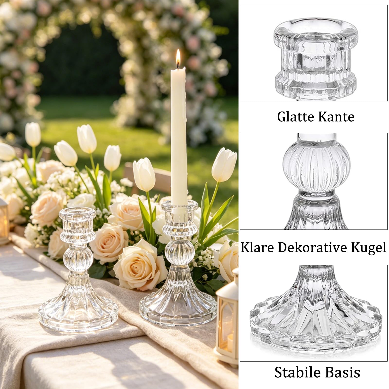 Kerzenhalter Glas, Klare Kerzenhalters für Kerzenständer, 10cm Hohe Gestreifte Kristall-Kerzenhalter, Dekorativer Candle Holder als Tischdekoration für Hochzeiten, Feste, Dinnerpartys, 6 Stück