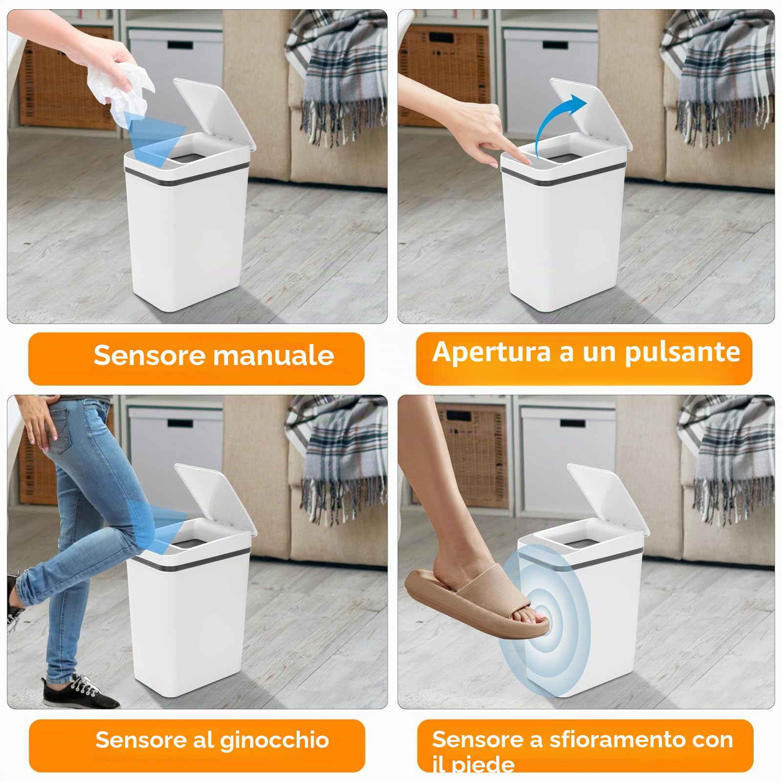 Pattumiera a Sensore 8L, Bidone Spazzatura Piccola con Coperchio, Cestino Spazzatura Intelligente Senza Contatto, Alimentata a Batteria, per l'uso in Cucina Bagno WC Ufficio Hotel (Bianco)