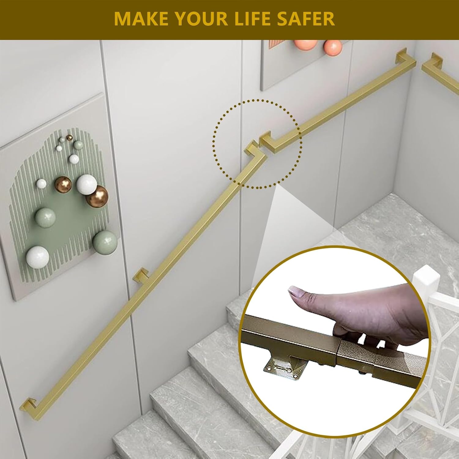 Staircase Handrail - Complete Kit，Hand Railing for Outdoor Indoor Stairs Banister Hand Rails Metal Wrought Iron Wall Support，Safety Grab Rail 30cm-600cm(Gold,3ft/90cm)