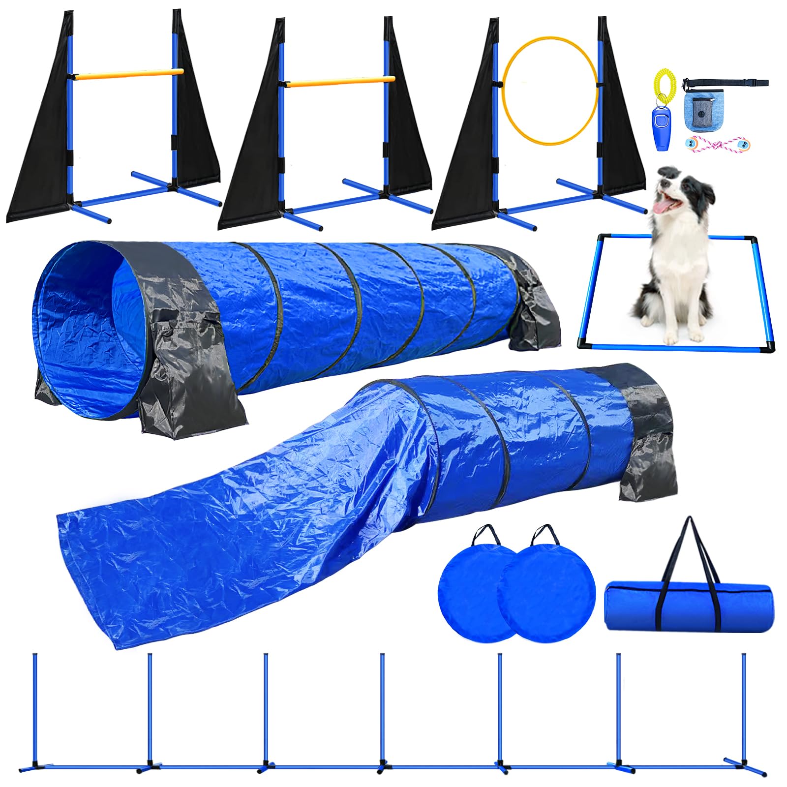Dog Agility Course Backyard Set - Includes 2x10ft Tunnels, 2 Agility Hurdles,1 Jump Ring,1 Weave Pole, 1 Pause Box | Perfect Dog Agility Equipment for Obstacle Course | Easy Setup & Storage