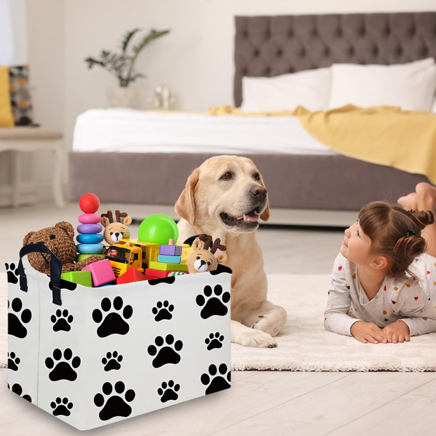 Rectangular Dog Basket,Nursery Hamper,Collapsible canvas kids toy storage box,Kids room storage basket,Pet decor(Dog paw)