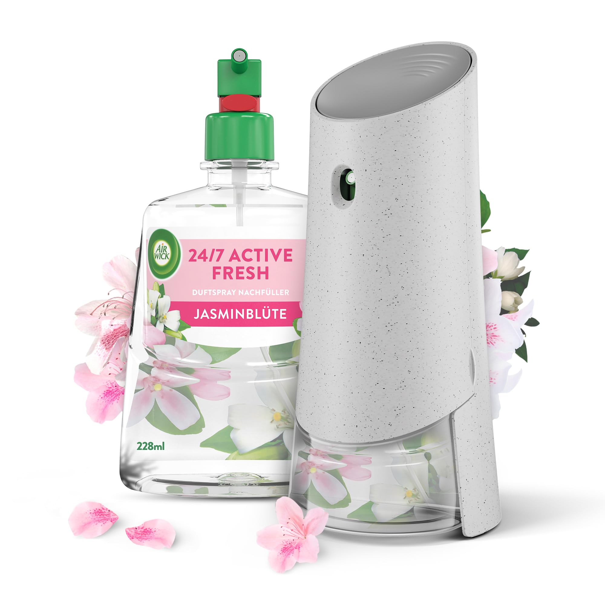 Air Wick Active Fresh Starter Set – aerosolfreier, automatischer Lufterfrischer (Duft Jasminblüte), 228 ml Nachfüller + Gerät