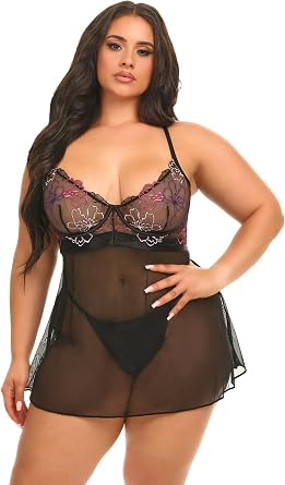 Oh la la Cheri Womens Leanna Unlined Underwire Satin and Embroidery Plus Babydoll with Matching Panty 75-11964X