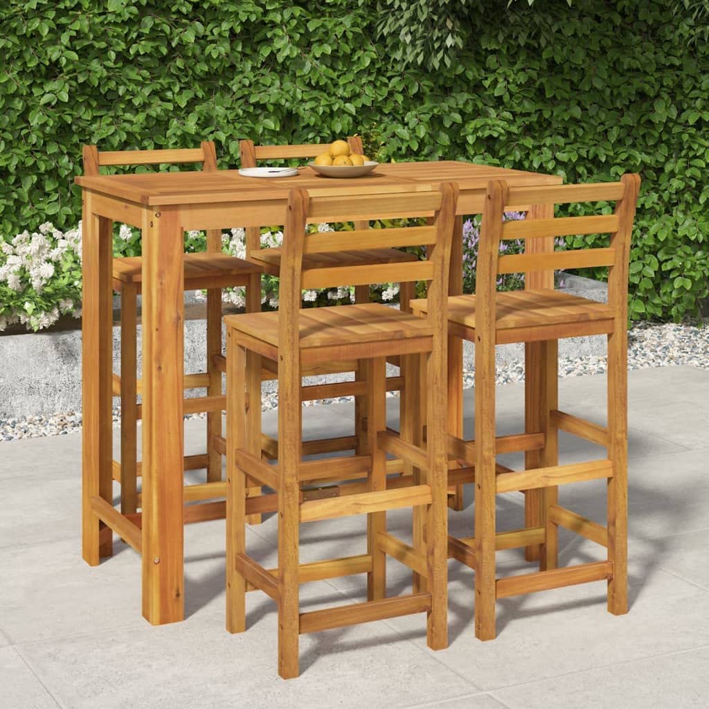 Willood Mesa y Taburetes Altos de Jardín 5 pzas, Juego de Muebles de Bar, Mesa Sillas Altas, Mesita Asientos Exterior, Madera Maciza Acacia