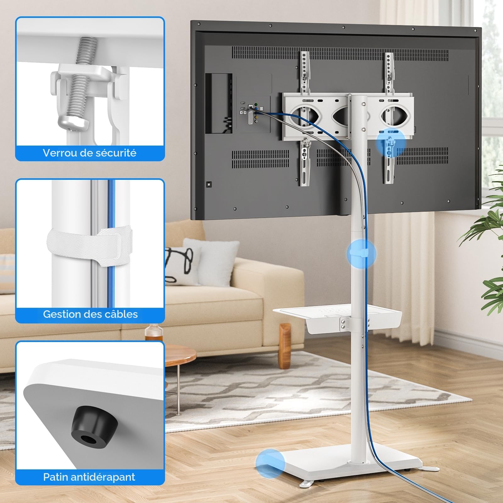 5Rcom Support TV au sol universel pivotant avec support pour téléviseurs de 32 à 55 pouces jusqu'à 40 kg, hauteur réglable avec pivot, haut support TV avec base en bois blanc, VESA max 400 x 400 mm