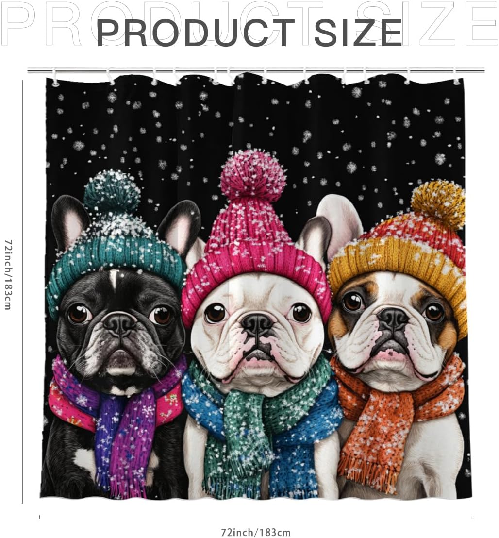 NGZ Winter 72x72 Inches Shower Curtain Christmas Shower Curtain, Cute French Bulldog Shower Curtains for Bathroom, Snow Fabric Bath Curtains Set with 12 Hooks