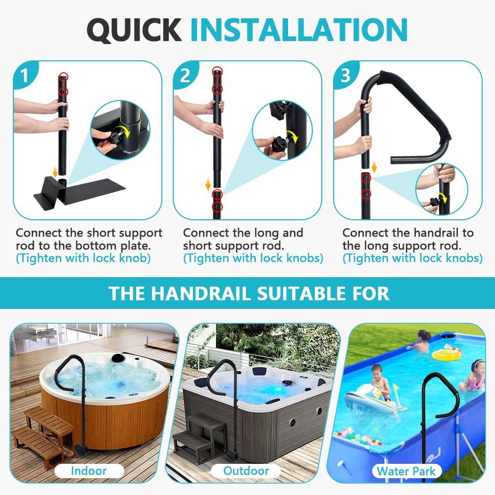 Hot Tub Handrail Safety Spa Side Handrail, Hot Tub Railing to Get in and Out, 360 Rotatable Hot Tub Handle Bar 39"-60" Adjustable Height Spa Hand Rail with Slide Under Mount Base for Indoor & Outdoor