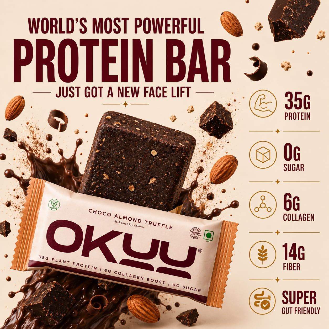 OKUU Choco Almond Truffle Plant Protein Bar | Founder Batch 35G | 5G Engineered Space Grade Nutrition | Keto Friendly Vegan High Protein Snack | Collagen Boost | Pack of 30 — Amazon image 8