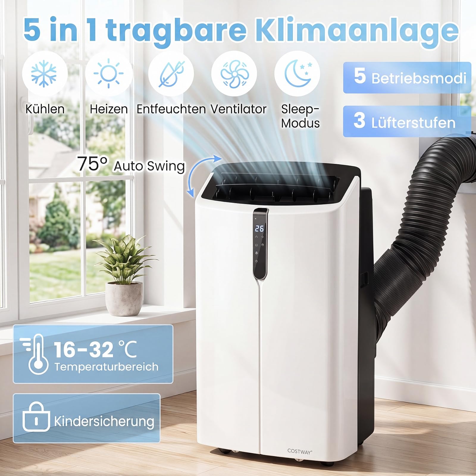COSTWAY 14000 BTU Klimaanlage mobil mit Abluftschlauch, Fernbedienung/Wifi