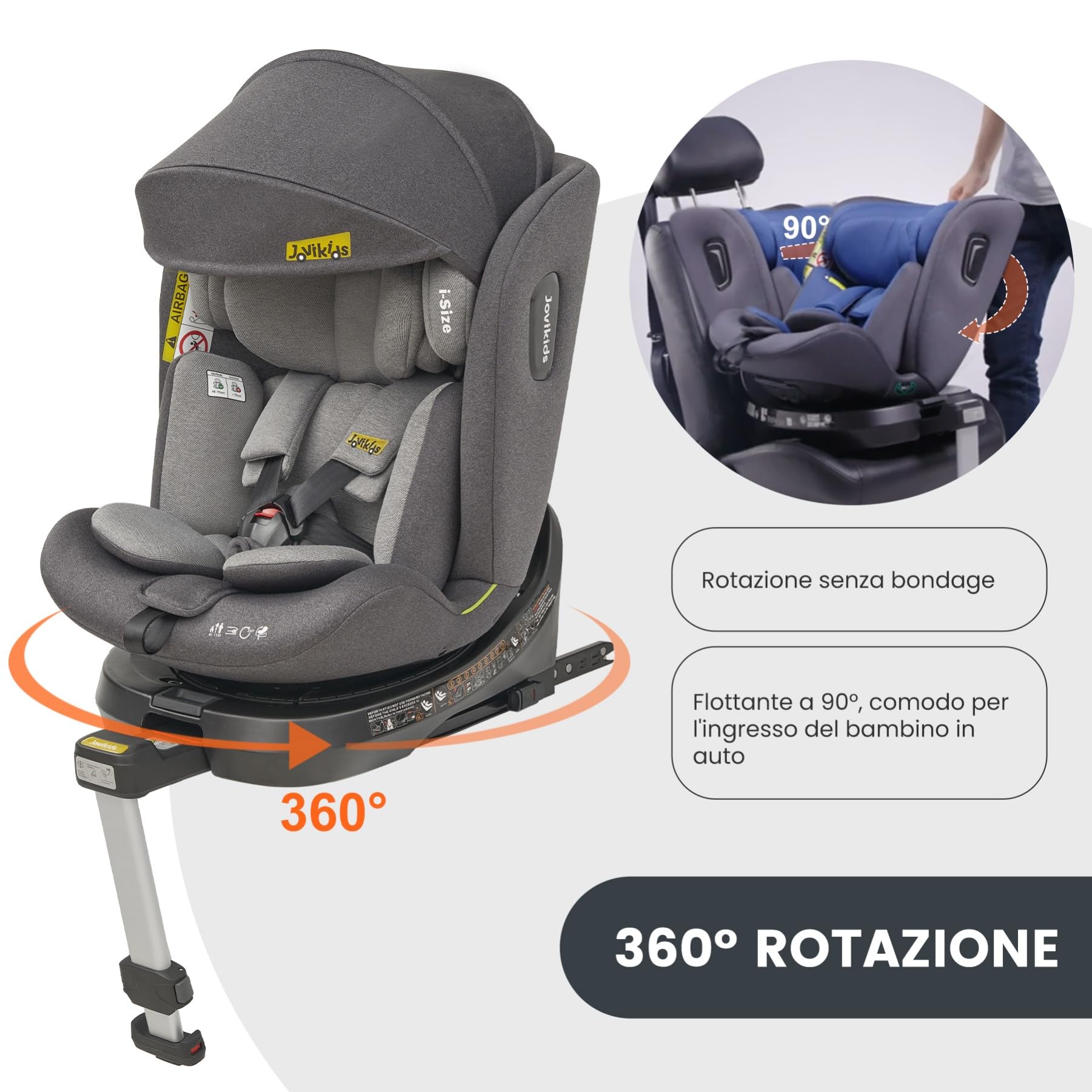 Jovikids i-Size Seggiolino Auto 0-36kg, 360°Girevole Ovetto Neonato Auto con Isofix e Gambe di Supporto 40-150cm dalla Nascita a Circa 12 anni (Nero)