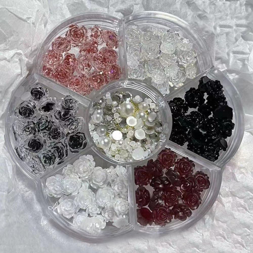 ISHR 花 ネイルパーツ 薔薇 ジュエリー 6色 約90個セット 6mm 8mm 3D 立体 椿の形 DIY デコパーツ ネイルデコパーツ ネイルアート 花パーツ 収納ボックス付き (6色A)