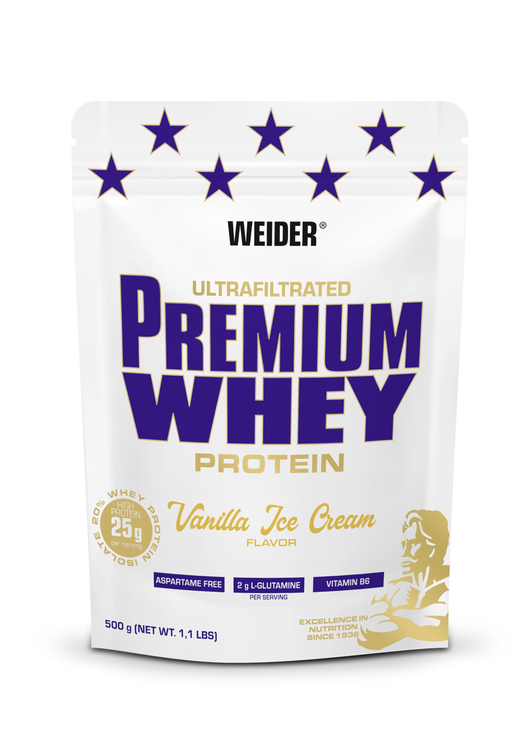 Weider Premium Whey Protein Powder, 500g, Gelato alla Vaniglia | Alto Contenuto Proteico, Basso Carboidrati e Grassi, Con L-Glutammina e Vitamina B6