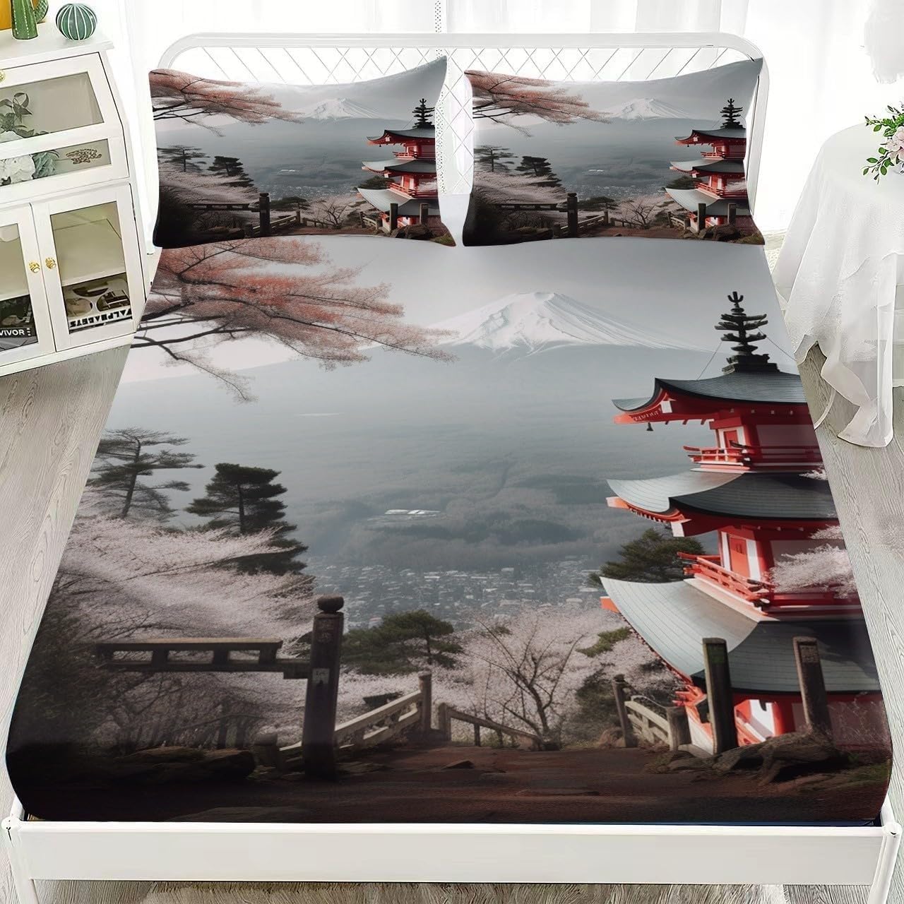 Mount Fuji, Japan Fitted Sheet Ancient Temple Scenery Bed Sheets Deep Pocket 12 inch (30 cm) Soft Cozy 3 Piece Microfibre Bed Sheet 200x200 cm with 2 Pillowcases 50x75 cm