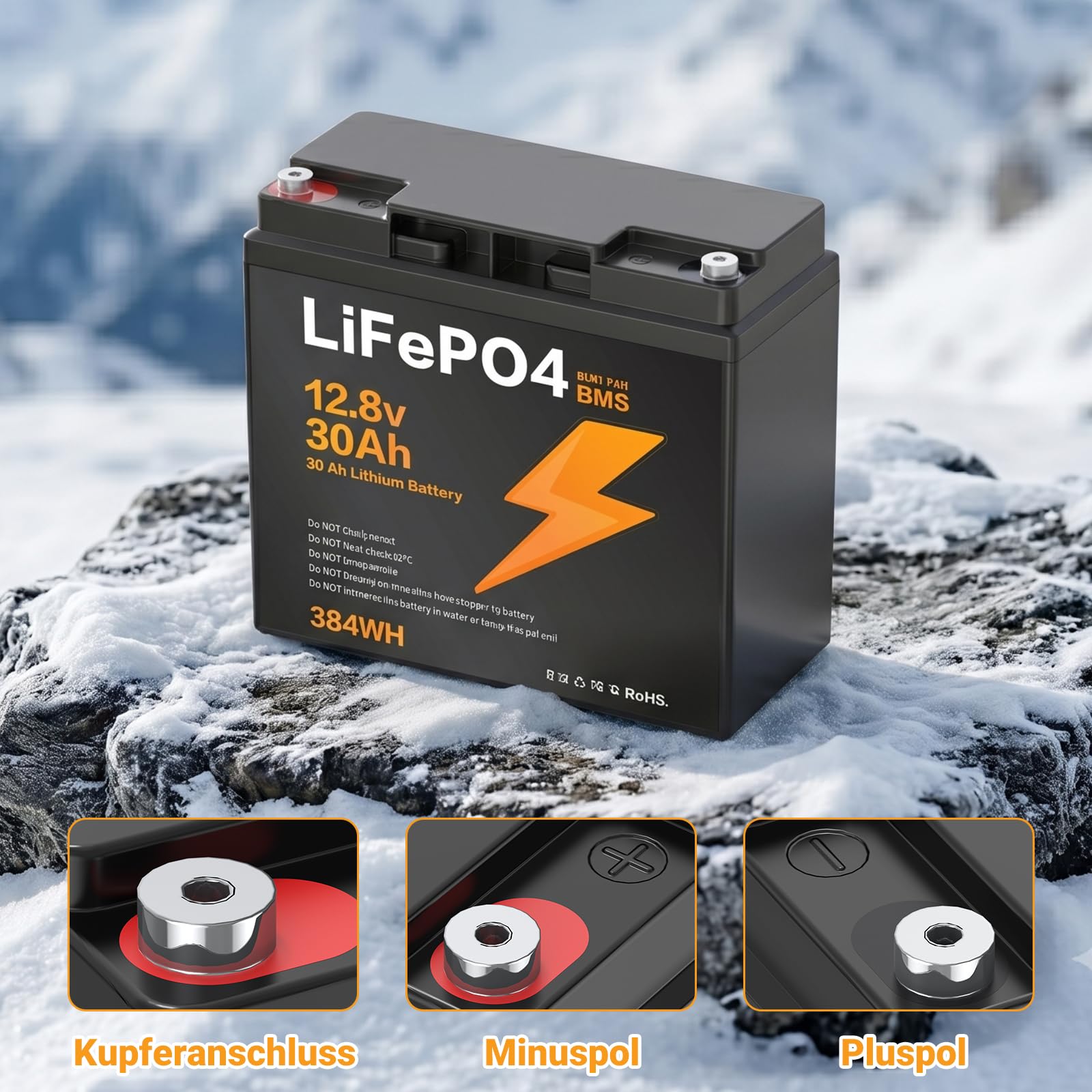 12,8V 30Ah LiFePO4 Batterie 384Wh mit integriertem BMS-Schutz | LiFePO4 Lithium Batterie mit BMS-Schutz, passend für Solaranlagen, Camping-, Boots- und Wohnwagengeräte