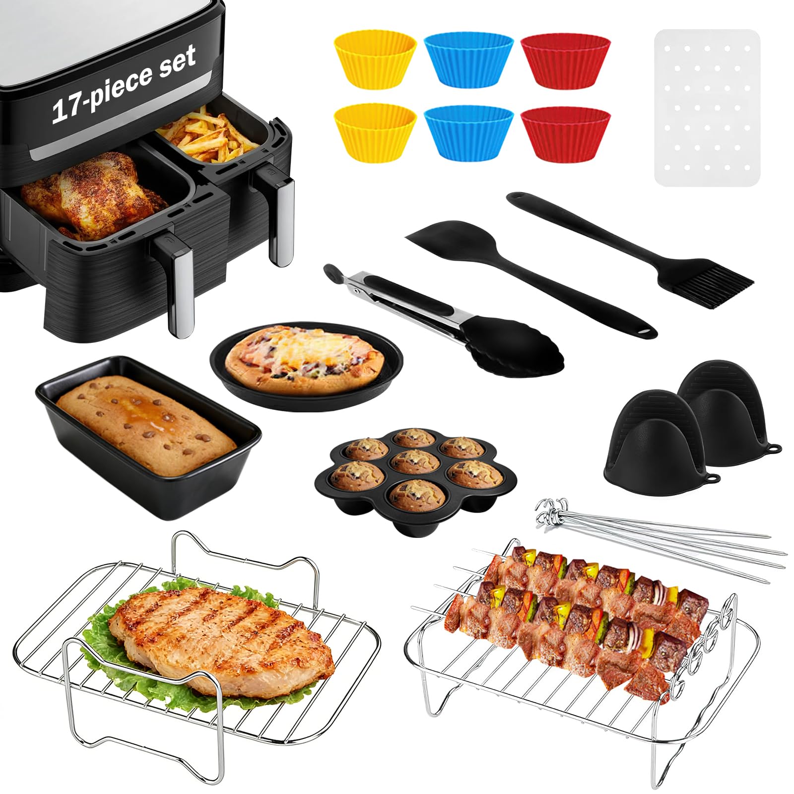Woobroo 17 Pcs Air Fryer Kit for Ninja, Foodi DZ201/DZ401/550 Models, Includes Cooking Racks, Baking Sheets, Silicone Molds & Heat-Resistant Gloves Gift Set
