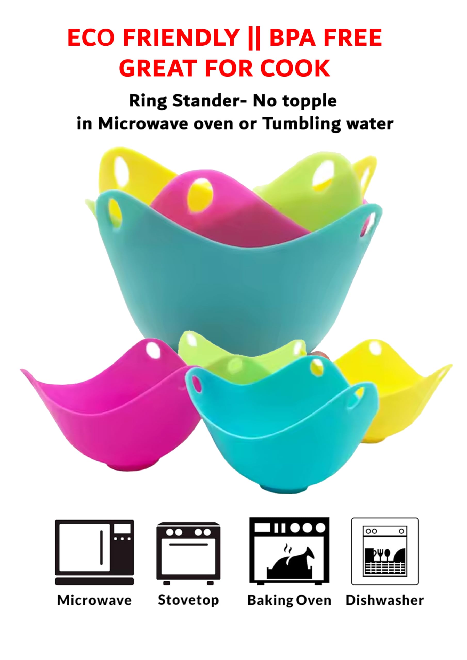 Silicone Egg Poacher Eco-friendly Cups - Set of 4 - Ring Stand Design- Microwave Safe -Multi-Color - BPA Free