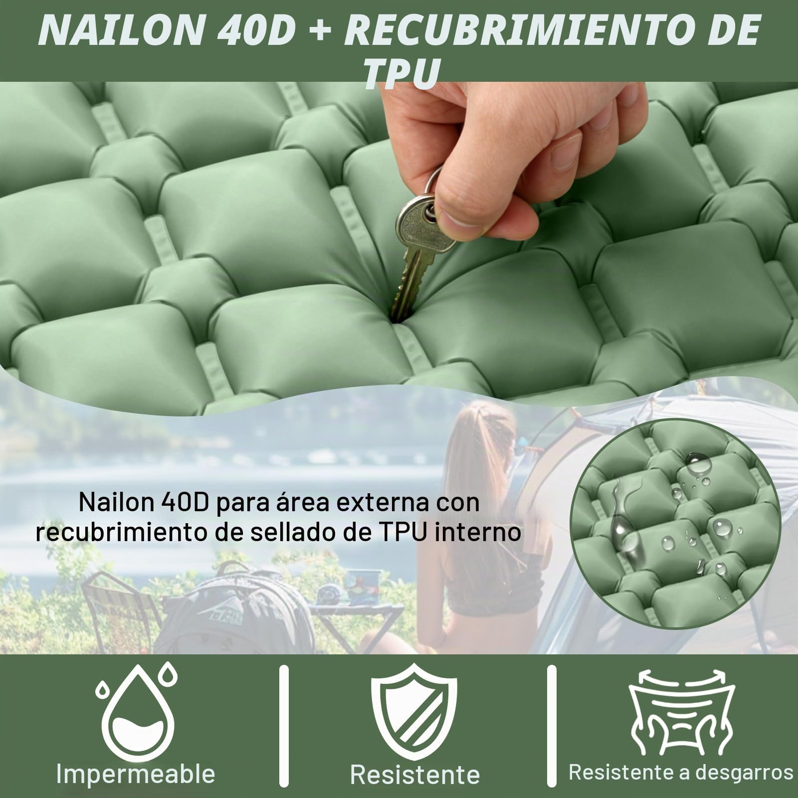 Colchoneta Autoinflable para Dormir para Acampar, Utraligero Esterilla Inflable Portatíl Colchón Individual, concon Bomba de Pie para Camping, Exteriores, Viaje(Verde)