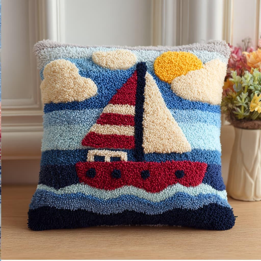 WallustrioaW Latch Hook Pillow Kit -Sailboat Embroidery Art Craft Kit - All Ages - Unisex - 43X43Cm