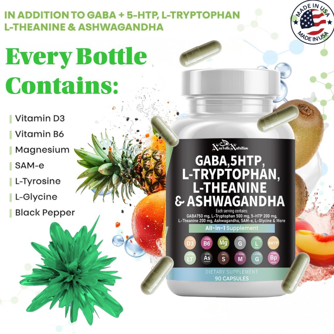 GABA Pills with 5-HTP Extract, L-Tryptophan, L-Theanine, Ashwagandha, Vitamins D3, B6, Magnesium, L-Tyrosine, L-Glycine, Sam-e & Black Pepper Mood Support Supplement