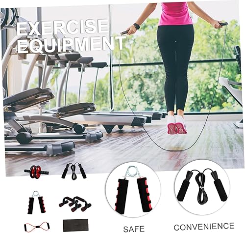 Miniatura 3 de Kit de rodillo de abdominales de doble rueda roja con barras de flexión, herramienta de agarre de cuerda elástica para fortalecer el núcleo,