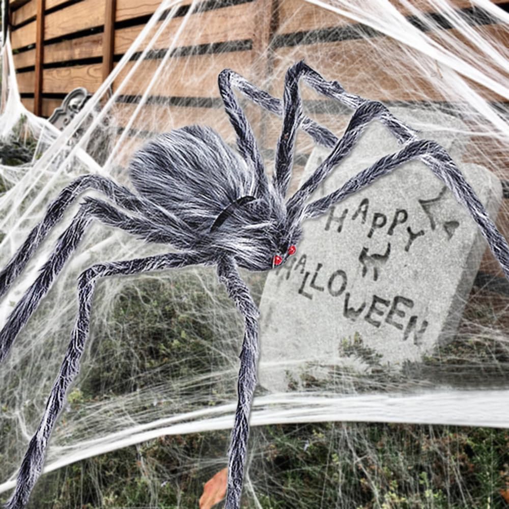 JOYIN Ragno Peloso Gigante Per Halloween – 2 Metri Con Occhi LED Rossi, Decorazioni Da Esterno, Spaventoso E Regolabile