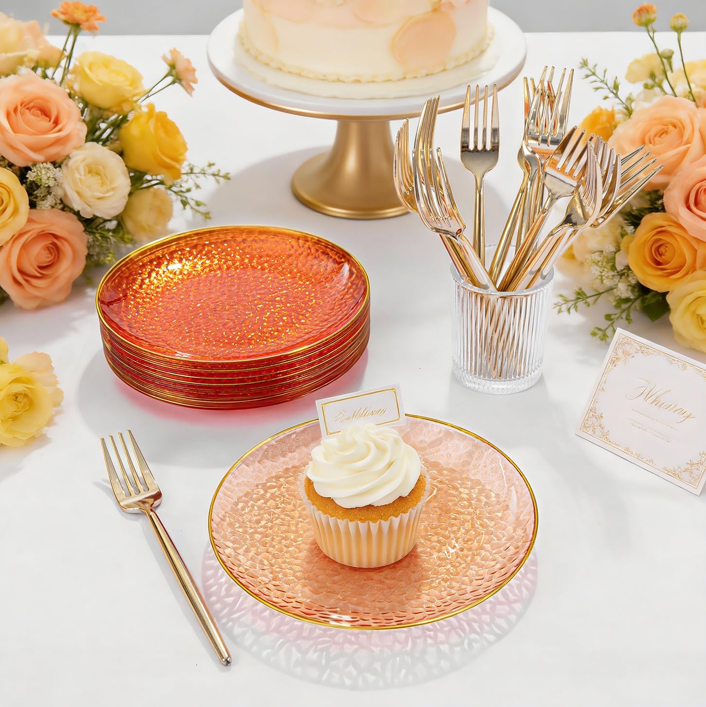 Rubtlamp 200Pcs Orange Plastic Dessert Plates, 6inch Easter Small Plates with Gold Rim,Orange Hammered Appetizer Plates with 100 Pcs Gold Forks, Fancy Salad Platos for Party Wedding Birthday Teatime
