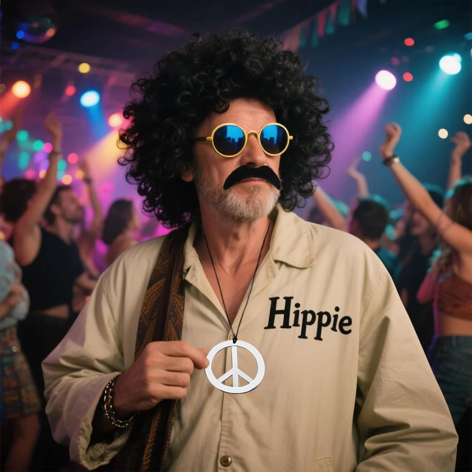 VQUNBG 4 Pcs Hippie Costume Set, 70s 80s Disco Fancy Dress Accessories, Mens & Womens Pop Hippie 70s Disco Fever Hair, Wig - Image 4