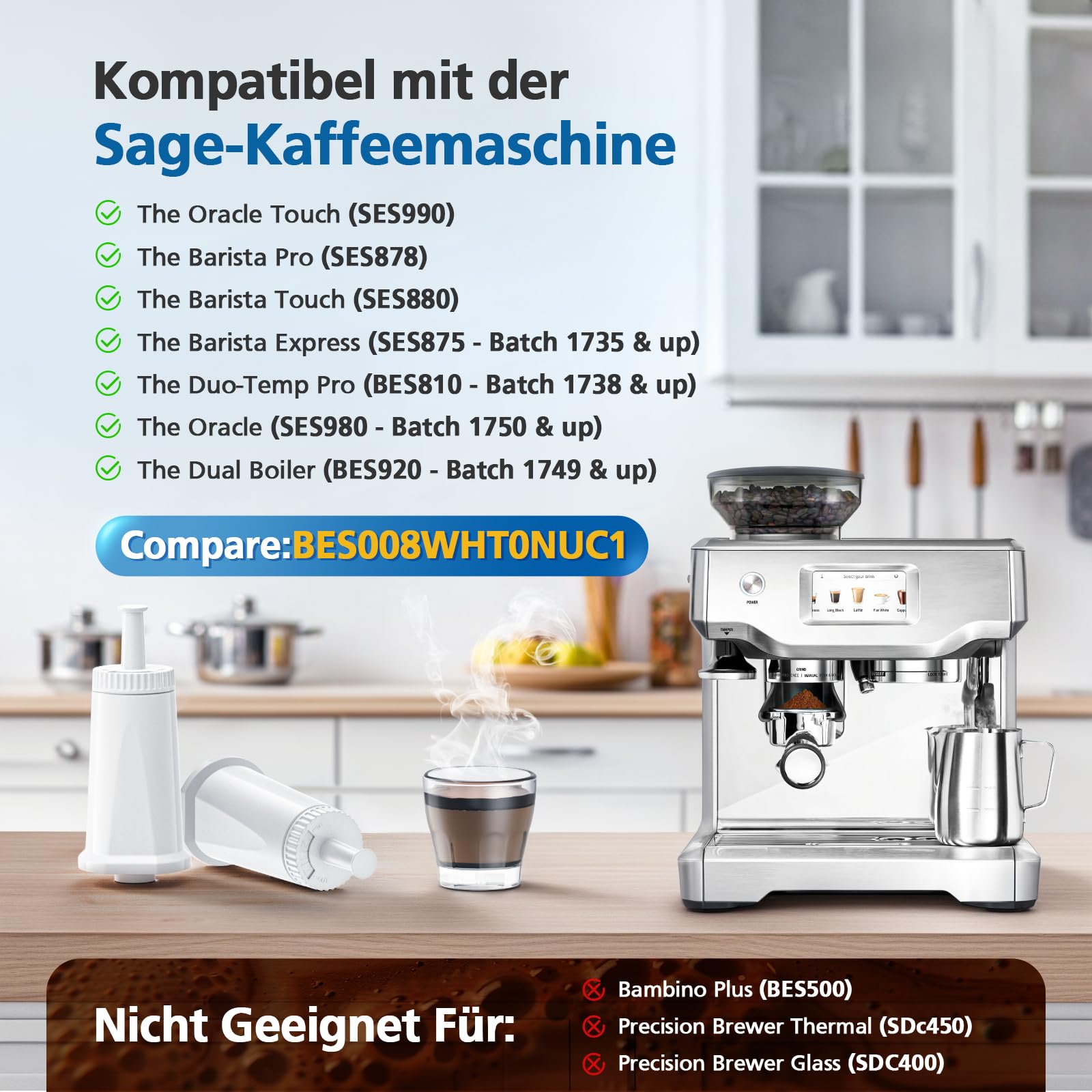 Zamiennik filtr wody do ekspresu do kawy Sage, 4 sztuki, zamiennik dla Sage Barista Express Pro, filtr do SES810/SES880/SES920/SES980/SES990/SES875/SES008/BES008, SES008WHT0NEU1