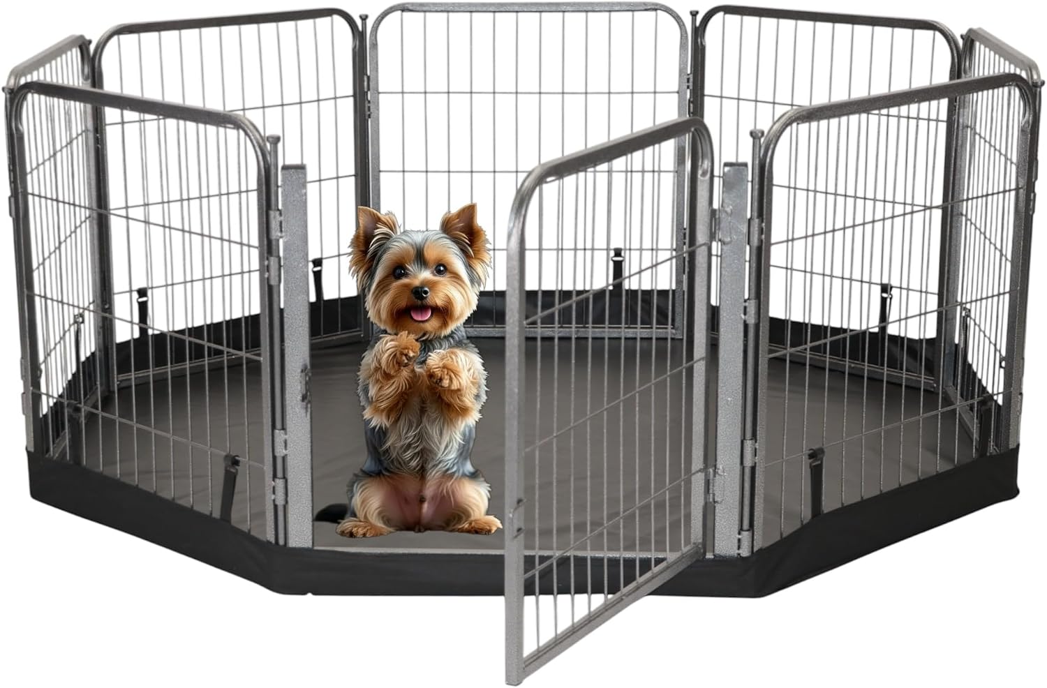 Dog Playpen w/Octagon Bottom Floor Cover - 24 inch, 8 Panel Portable Grey Metal Pet Play Pen for Small Dogs & Puppies - Indoor/Outdoor Kennel Cage for Home, Yard, RV, or Camping