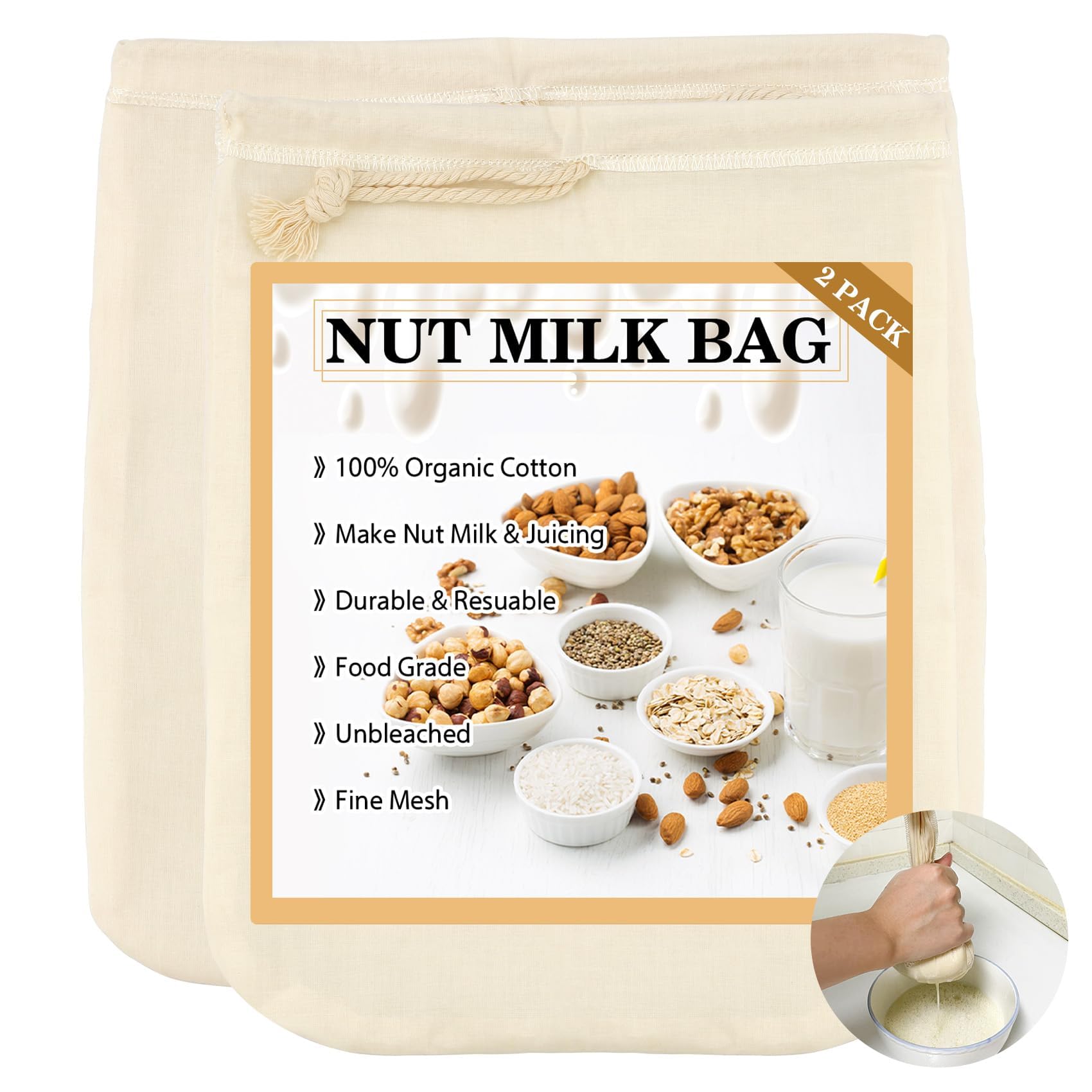Sacs De Lait De Noix Sac De Noix De Coton Biologique Réutilisable Pour Jus De Lait D'amande Cold Brew Café Thé Yaourt Filtre Passoires Mesh Cheese Bag